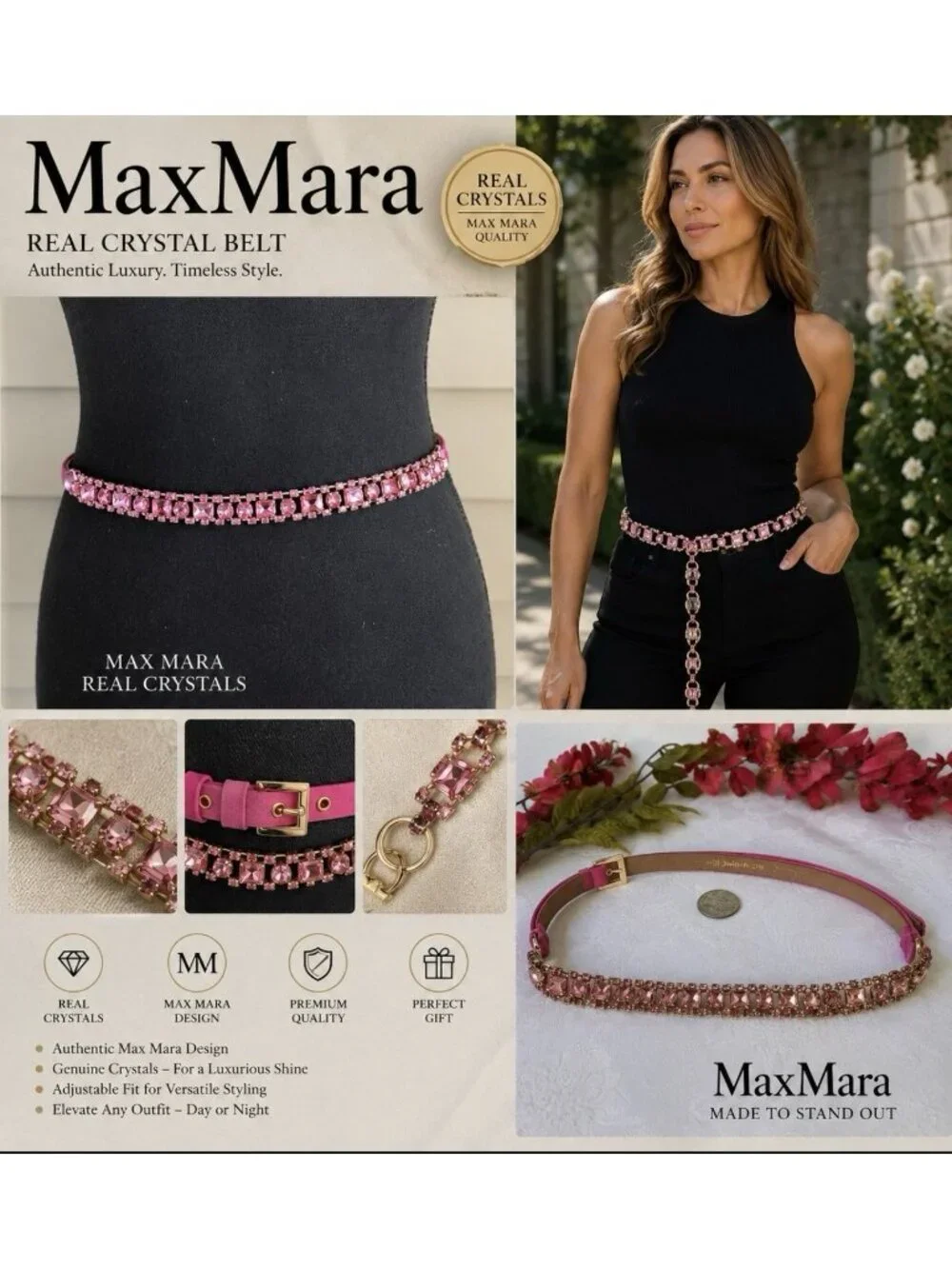 MAX MARA ITALY Thin Pink Crystal Satin Leather Belt M Medium 29-31